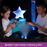 2 children interactive with sensory lights in a sensory den. Bubble tube is in the background